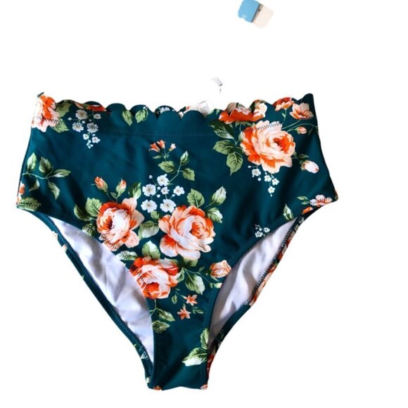 NWT Cupshe Teal Scalloped Floral Bikini Bottom Small - Picture 1 of 7